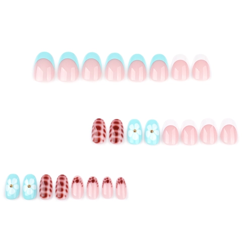 Press On Nails French Tip Weißes Blumenmuster Braun Krokodil Textur Gemischter Stil Kurz Rund Für Frauen DIY Maniküre