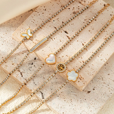 Schmetterling Herz Blume Lebensbaum Armband Titanstahl Muschel Zirkon Tenniskette Verstellbarer Modeschmuck Für Damen