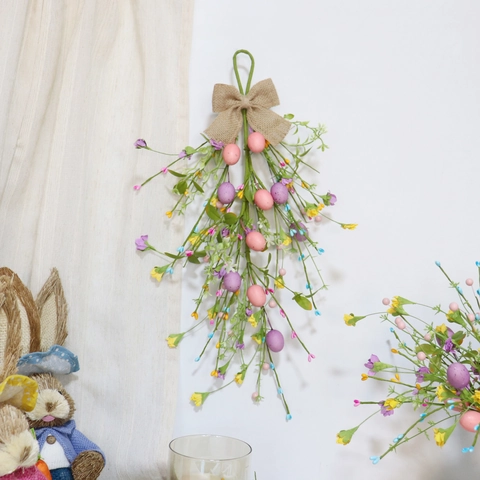 Easter Ei Swag Künstliche Blumengirlande Mit Schaumstoff Eiern Papierblumen Leinen Schleife Polyester Blätter Wand Tür Deko