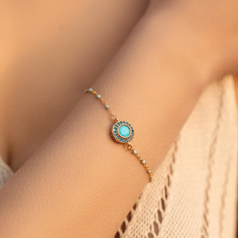 Pulsera Bohemia de Cobre Chapado en Oro para Mujer Colgante de Turquesa Redondo Diamante de Imitación Azul Pulsera Ojo Turco