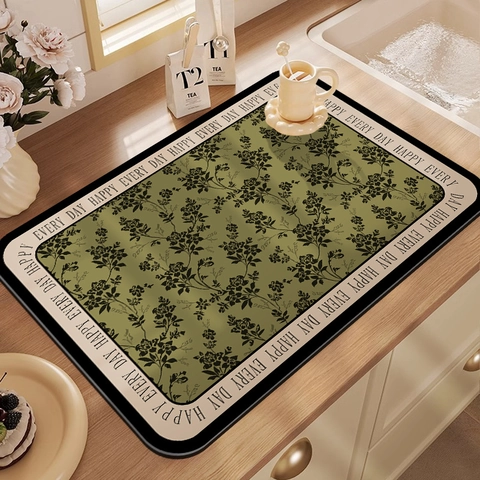 Tapis De Séchage Cuisine Vintage Motif Floral Français Absorbant Antidérapant Cuir PVC Pour Plan De Travail Décor Rétro