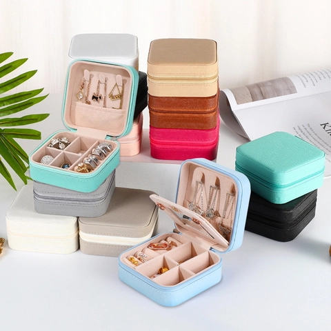 Portable PU Leather Jewelry Organizer Case Small Travel Jewelry Storage Box With Mirror Zipper Square Ring Earring Holder