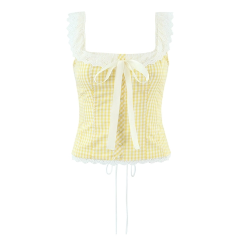 Französisch Süß Kariertes Korsett Top Spitze Schleife Spaghetti Träger Slim Fit Gingham Camisole Retro Mode Damen