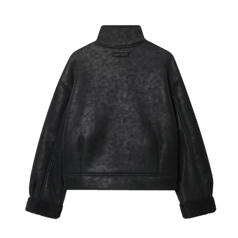 Short Faux Leather Shearling Jacket With Lambswool Lining Stand Collar Solid Black Casual Button Up Outerwear For Women