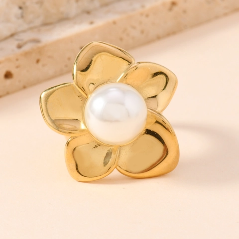 Anello Aperto in Acciaio Inossidabile con Fiore e Perla Artificiale per Donna Regolabile Placcato Oro Anello Floreale Gioielli di Moda