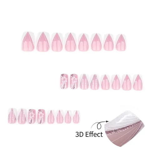 Press On Nagels 3D Bloem Ontwerp French Tip Roze Wit Geometrisch Glitter Coffin Vorm Kunstnagels Voor Dames