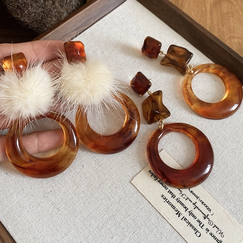 Geometric Amber Resin Dangle Earrings With White Artificial Fur Pom Pom And 925 Sterling Silver Earring Post