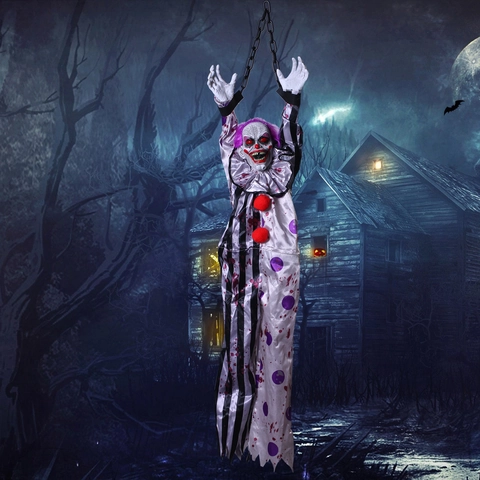 Sound Activated Halloween Hanging Clown Decoration With Glowing Eyes And Horror Sounds Haunted House Party Prop Decor