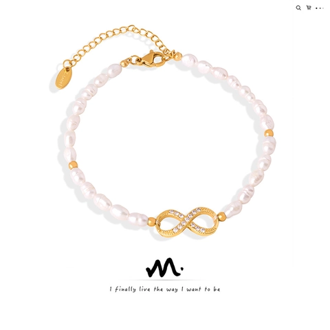 Bracciale Con Perle D'acqua Dolce Simbolo Infinito Zirconia Intarsiata Gioielli In Acciaio Inossidable Per Donna Elegante