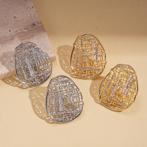 Hollow Oval Mesh Stud Earrings Copper With Zircon Inlaid 18K Gold Plated Silver Earring Post Fashion Geometric For Women