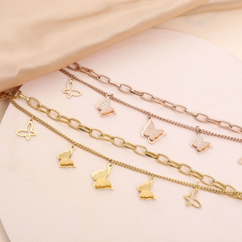 Korean Style Double Layer Butterfly Bracelet For Women Stainless Steel Gold Rose Gold Silver Elegant Adjustable Link Chain Jewelry