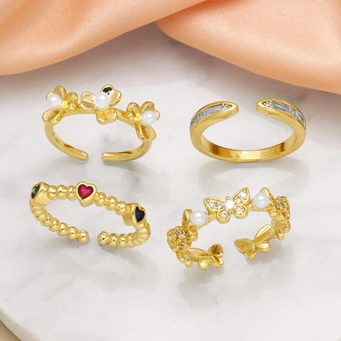 Gold Plated Copper Open Ring For Women Zirconia Artificial Pearl Butterfly Flower Heart Adjustable Finger Ring Jewelry
