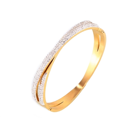 Moda Bracciale Rigido in Acciaio al Titanio Placcato Oro per Donna Lussuoso Design Incrociato Intrecciato con Strass Gioielli Accessori