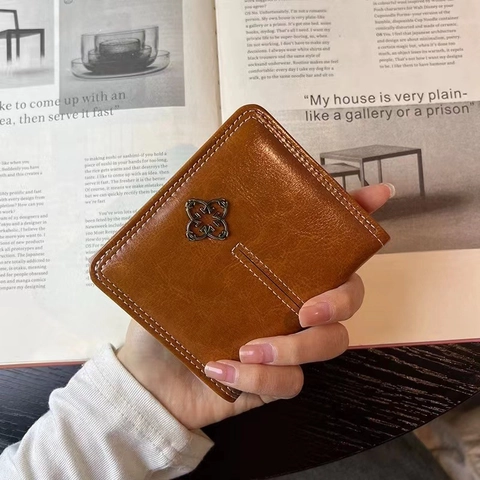 Petit Portefeuille En Cuir PU Pour Femmes Porte Monnaie Court Pliant Avec Poche Zippée Coutures Contrastées Style Rétro