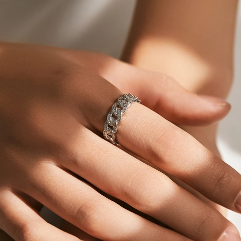 925 Sterling Silber Cuban Link Kette Ring Funkelnde Zirkon Mikro Pave Geometrische Streetwear Schmuck Für Frauen