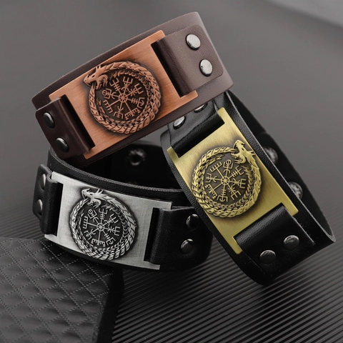 Viking Compass Vegvisir Ouroboros Leather Cuff Bracelet Retro Nordic Punk Adjustable PU Alloy Jewelry