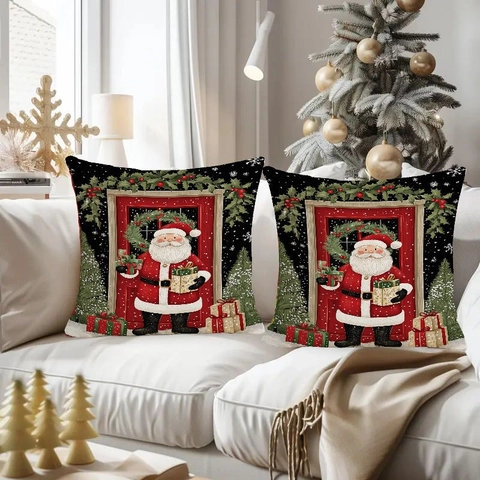 Kerst Kussenhoes Linnen Sneeuwpop Kerstman Print Decoratieve Kussensloop Voor Bank Huis Vakantie Vintage Stijl