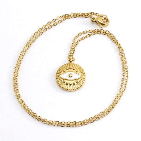 Evil Eye Anhänger Halskette Edelstahl Emaille 18K Vergoldet Rundes Medaillon Schmuck Für Damen Chic Elegant