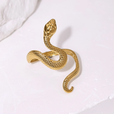 Snake Ring For Women 18K Gold Plated Stainless Steel Adjustable Open Band With Scale Texture Minimalist Gothic Jewelry