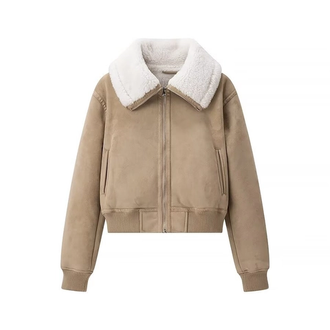 Women Retro Faux Suede Shearling Jacket Zipper Bomber Coat Lamb Wool Lining Ribbed Cuffs Lapel Khaki Outerwear