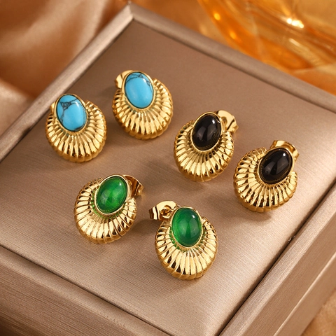 Vintage Round Stud Earrings For Women Stainless Steel With Inlaid Turquoise Artificial Pearl 18K Gold Plated Retro Niche Design