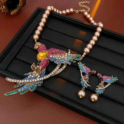 Collana E Orecchini Pendenti A Forma Di Pappagallo Con Strass Colorati E Künstliche Perle Silver Earring Post Gioielli Vintage