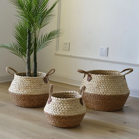Panier De Rangement Tissé À La Main En Paille De Maïs Cache-Pot Pour Plantes D'Intérieur Avec Poignées Décoration Boho