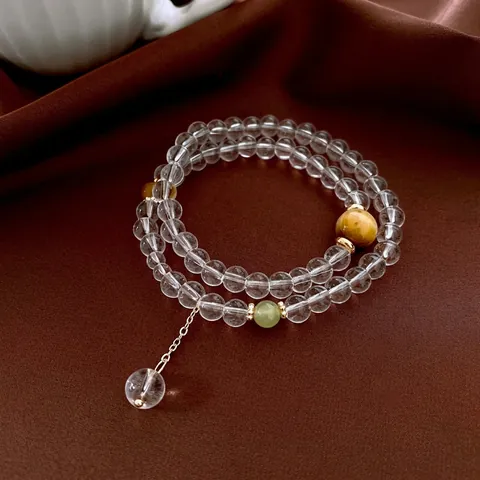 Tiger's Eye Stone And Glass Beaded Bracelet Double Layer Vintage Elegant Jewelry For Women With Alloy Pendant