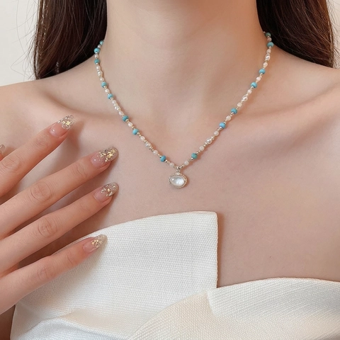 Beaded Necklace Oval White Pendant Alloy Imitation Artificial Pearl Blue Glass Beads Retro Bohemian Jewelry For Women