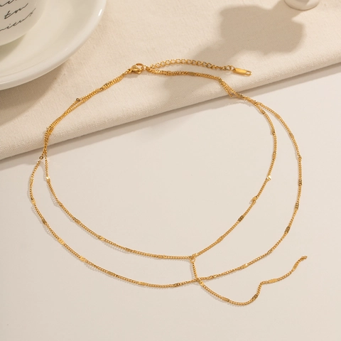 Double Layer Y Shape Necklace 18K Gold Plated Stainless Steel Minimalist Geometric Chain Jewelry For Women