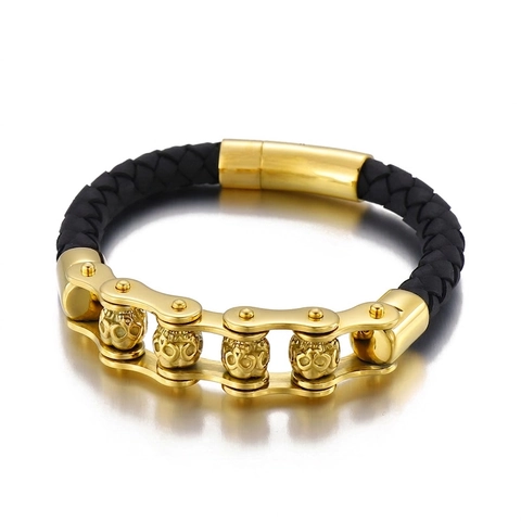 Bracciale Punk Teschio Uomo Acciaio Inossidabile Catena Da Bicicletta Pelle Intrecciata Gothic Vintage Gioielli Biker