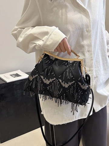 Borsa Da Sera Vintage Con Paillettes Perline E Nappe Manico In Metallo Chiusura A Scatto Pochette Da Festa Per Donna