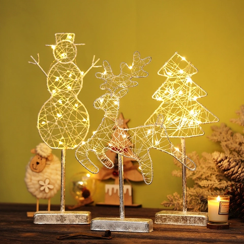 Christmas LED Iron Art Lighted Desktop Ornaments Reindeer Snowman Star Tree Warm Light Battery Operated Decor