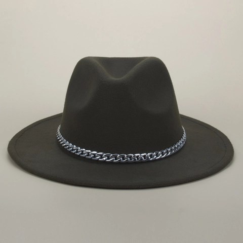 Chapeau Fedora En Laine Avec Chaîne En Métal Argenté Style Jazz Vintage Large Bord Hiver Chaud Pour Femmes