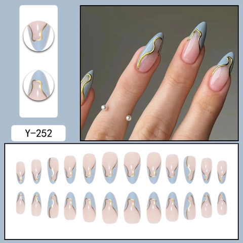 Uñas Postizas De Almendra Azul Rosa Nude Con Líneas Onduladas Doradas Estilo Francés Para Mujeres