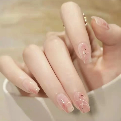 Pink Gradient Press On Nails Artificial False Nail Tips Abstract White Lines Glitter Design Sweet Style For Women