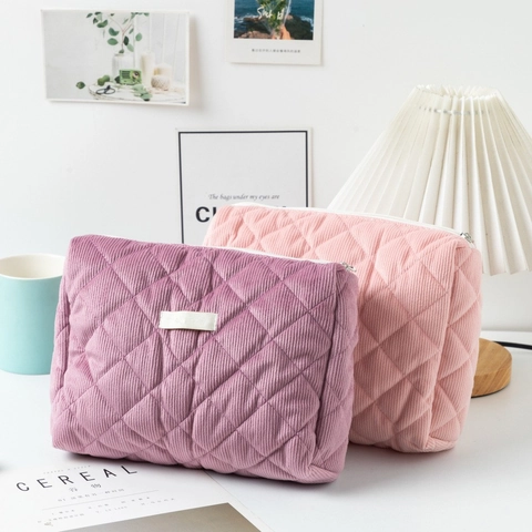 Quilted Corduroy Makeup Bag Large Capacity Solid Color Diamond Lattice Zipper Travel Cosmetic Pouch Toiletry Storage Bag