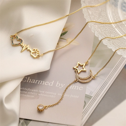 Copper Gold Plated Necklace Colorful Zircon Heart Star Moon Airplane Infinity LOVE MOM Pendant Elegant Fashion Jewelry