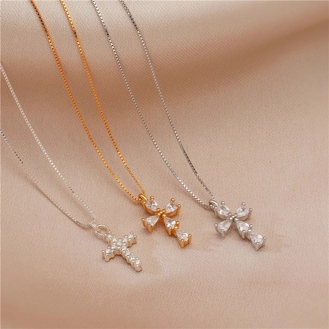Collar de Pendiente de Cruz de Plata de Ley 925 Circonia Incrustada Cadena de Caja Estilo Hip Hop ins Joyería Mujer