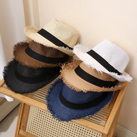 Cappello Fedora In Paglia Carta Intrecciata Bordo Grezzo Nastro Nero Estate Spiaggia Protezione Solare Traspirante Unisex