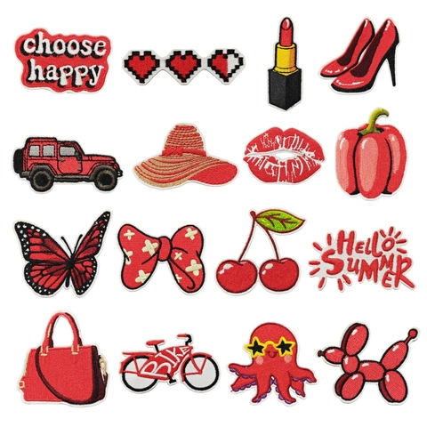 Parches Bordados Rojos Termoadhesivos Apliques Decorativos De Tela Bordada Para Ropa Bolsos Chaquetas Cereza Corazón Labios