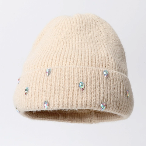 Gorro De Punto Para Mujer Felpa Suave Cálido Elástico Con Pedrería De Colores En Forma De Lágrima Invierno Color Sólido Elegante
