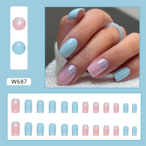 Press On Nails Light Blue Solid Color Pink Silver Glitter Gradient Glossy Square Shape Artificial Fingernails For Women