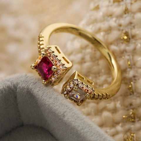 Geometric Open Adjustable Ring Copper Real Gold Plated Square Zirconia Micro Paved Vintage Light Luxury For Women
