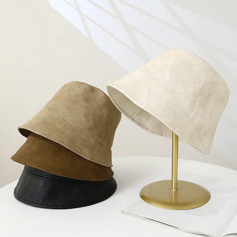 Women Vintage Bucket Hat PU Leather Faux Suede Japanese Retro Solid Color Warm Windproof Adjustable Fisherman Cap