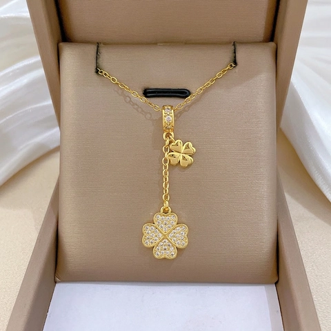 Collana Con Pendente A Quadrifoglio A Strati In Acciaio Inossidabile E Rame Con Zirconi Gioielli Eleganti Da Donna