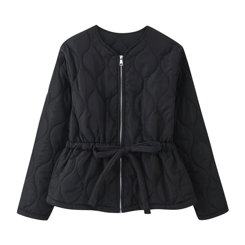 Women Quilted Jacket Round Neck Zip Up Belted Cotton Padded Coat Solid Color Warm Winter Outerwear Casual Chic