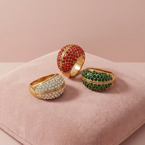 Dome Ring Stainless Steel Full Rhinestone Inlaid 18K Gold Plated Vintage Luxury Fashion Jewelry For Women