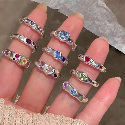 Heart Colorful Zircon Open Ring Copper Geometric Adjustable Dopamine Style Fashion Jewelry For Women