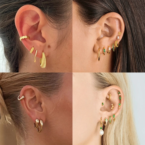 Boucles d'Oreilles Créoles Clous Argent Sterling 925 Strass Pour Femmes Or Argent Plaqué Géométrique Perle Artificielle Bijoux Cadeau